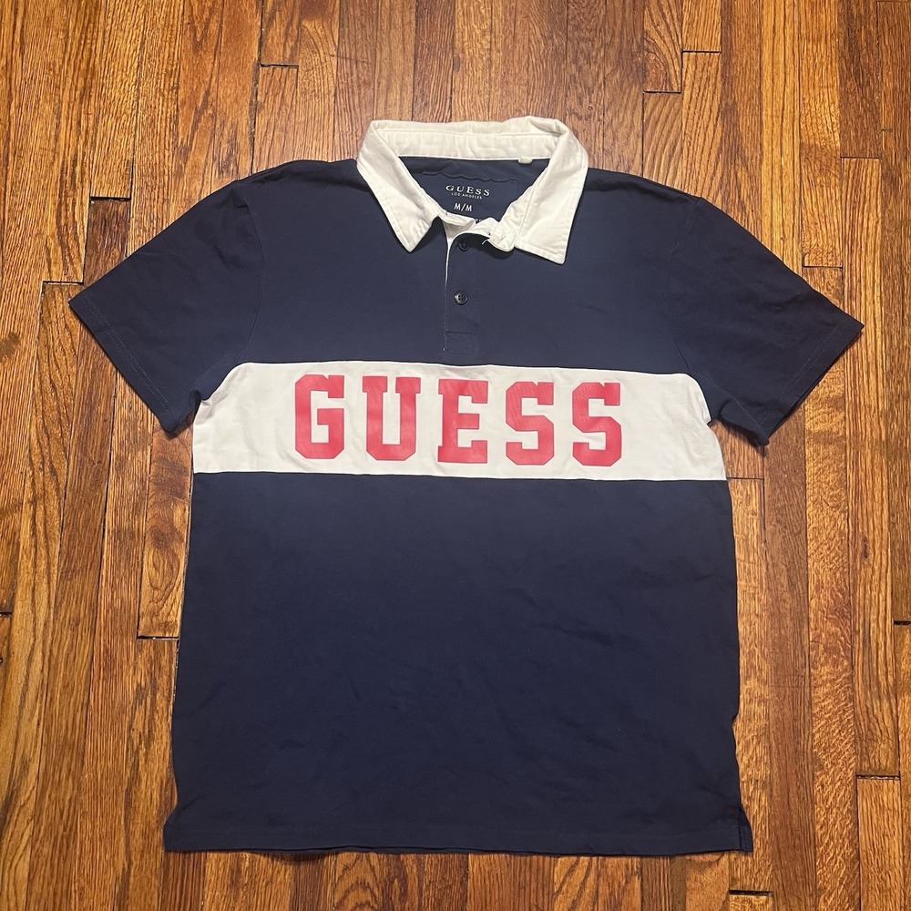 GUESS Polo Shirt Men's Size Medium Script Navy Blue Preowned